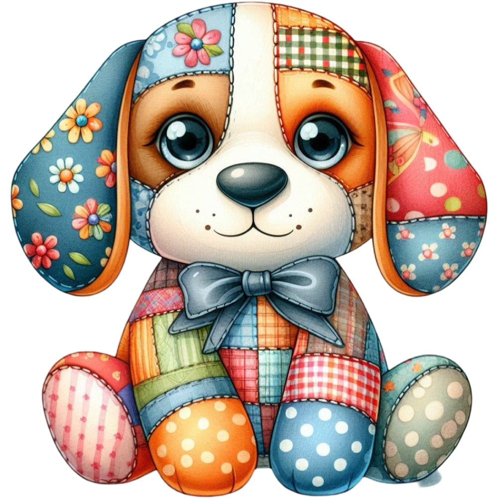 Quilted Toy Animals Fabric Panel 10 featuring a colorful patchwork puppy with playful patterns on premium quilting cotton.