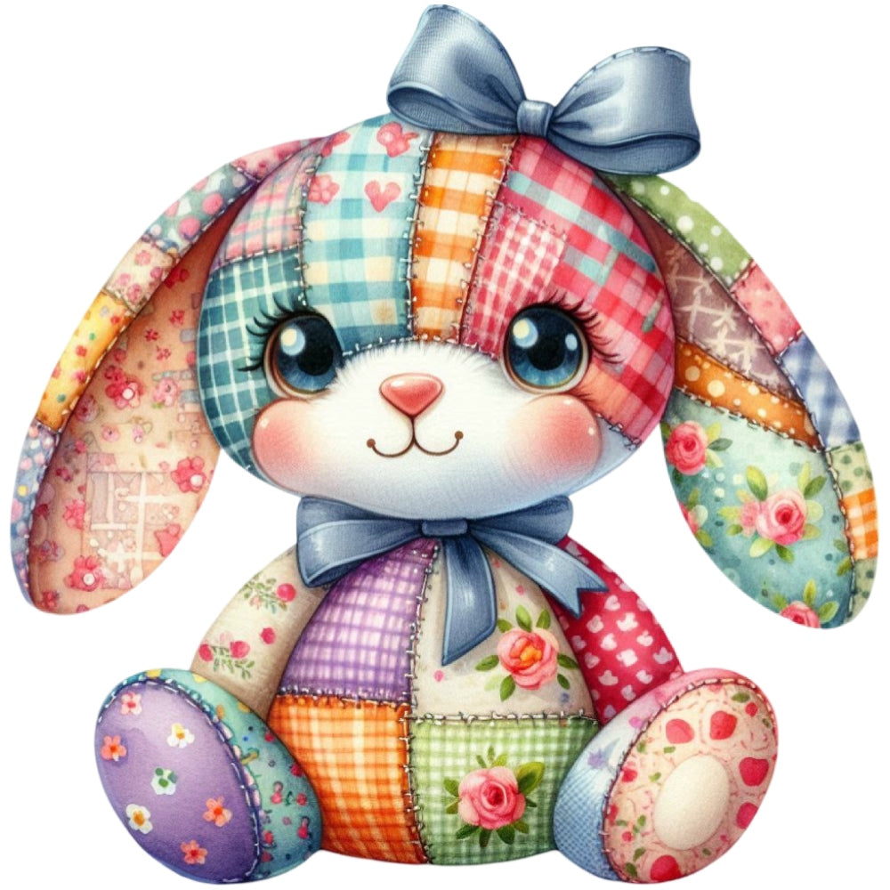 Quilted Toy Animals Fabric Panel 12 featuring a colorful patchwork bunny with patterns and bows in soft quilting cotton.