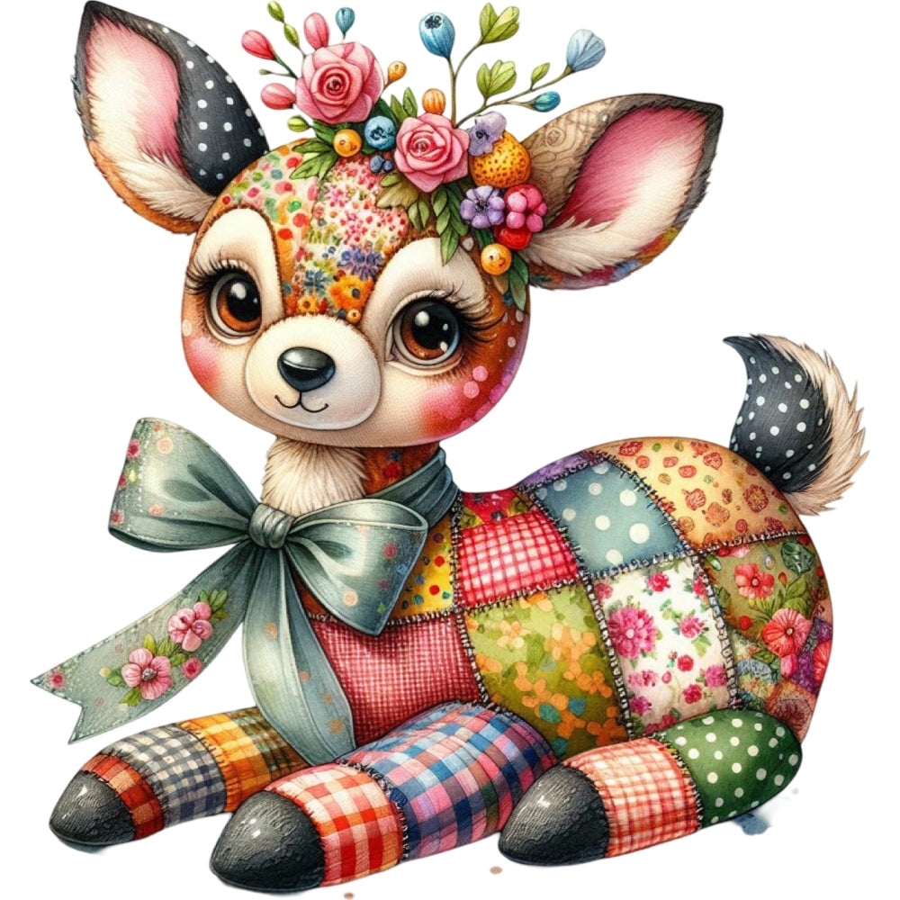 Quilted Toy Animals Fabric Panel 18 featuring a colorful patchwork deer with floral and polka dot patterns and a green bow.