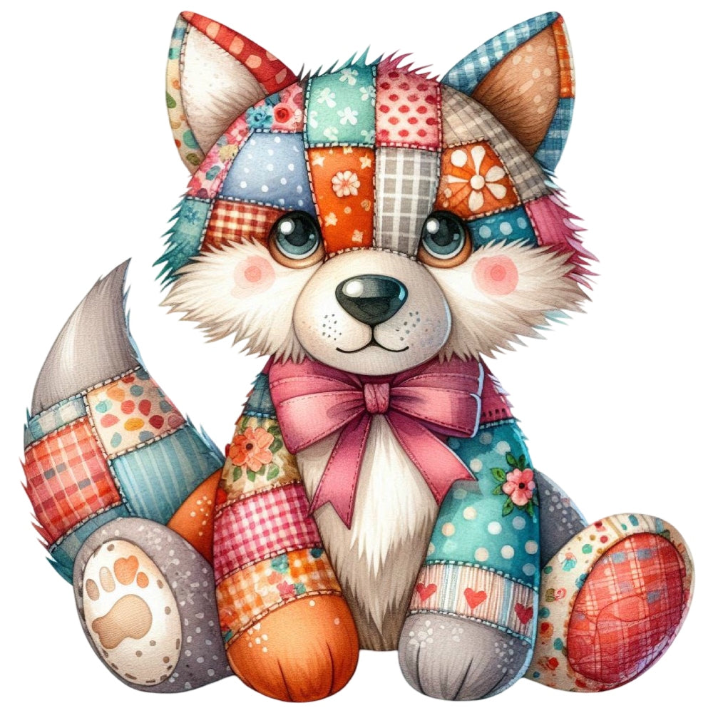 Quilted Toy Animals Fabric Panel 2 features a colorful patchwork fox with floral and checkered quilting cotton patterns.