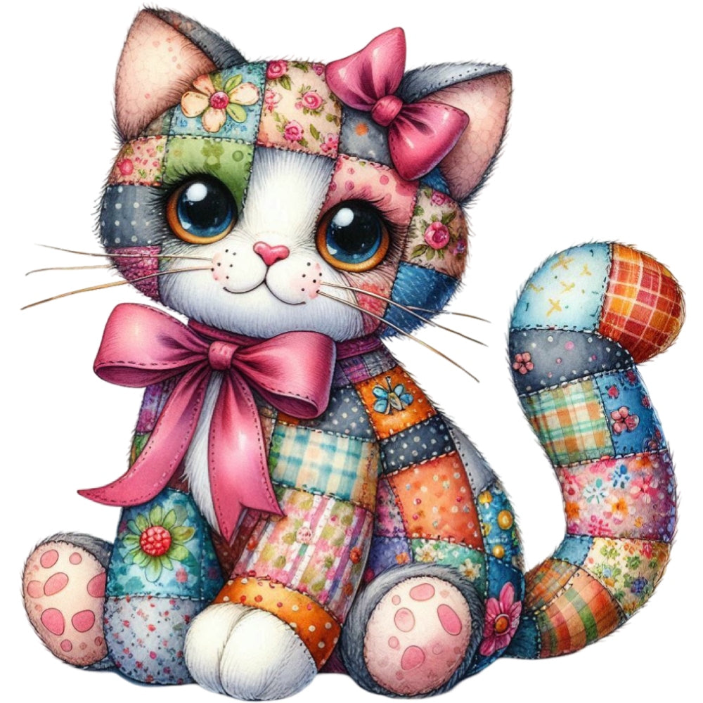 Quilted Toy Animals Fabric Panel 20 featuring a colorful patchwork kitten with large eyes and pink bows made from premium quilting cotton.