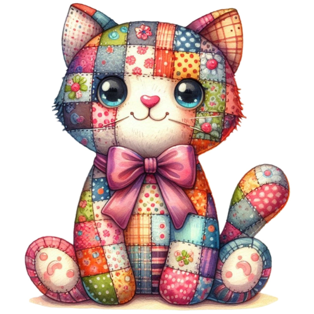 Quilted Toy Animals Fabric Panel 4 featuring a colorful patchwork cat with large eyes and a pink bow, printed on premium cotton.