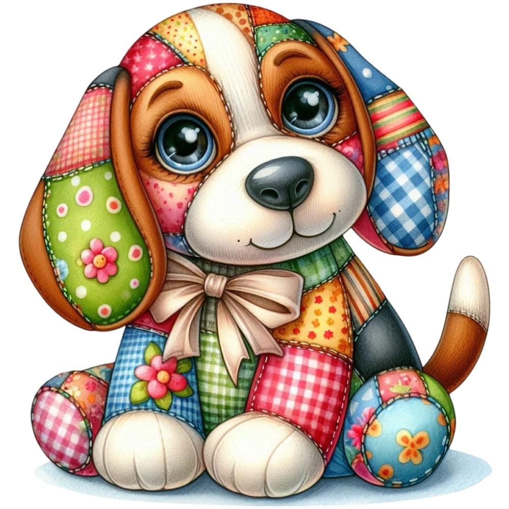 Quilted Toy Animals Fabric Panel 6 featuring a colorful patchwork puppy with large eyes and floral patterns on premium quilting cotton.