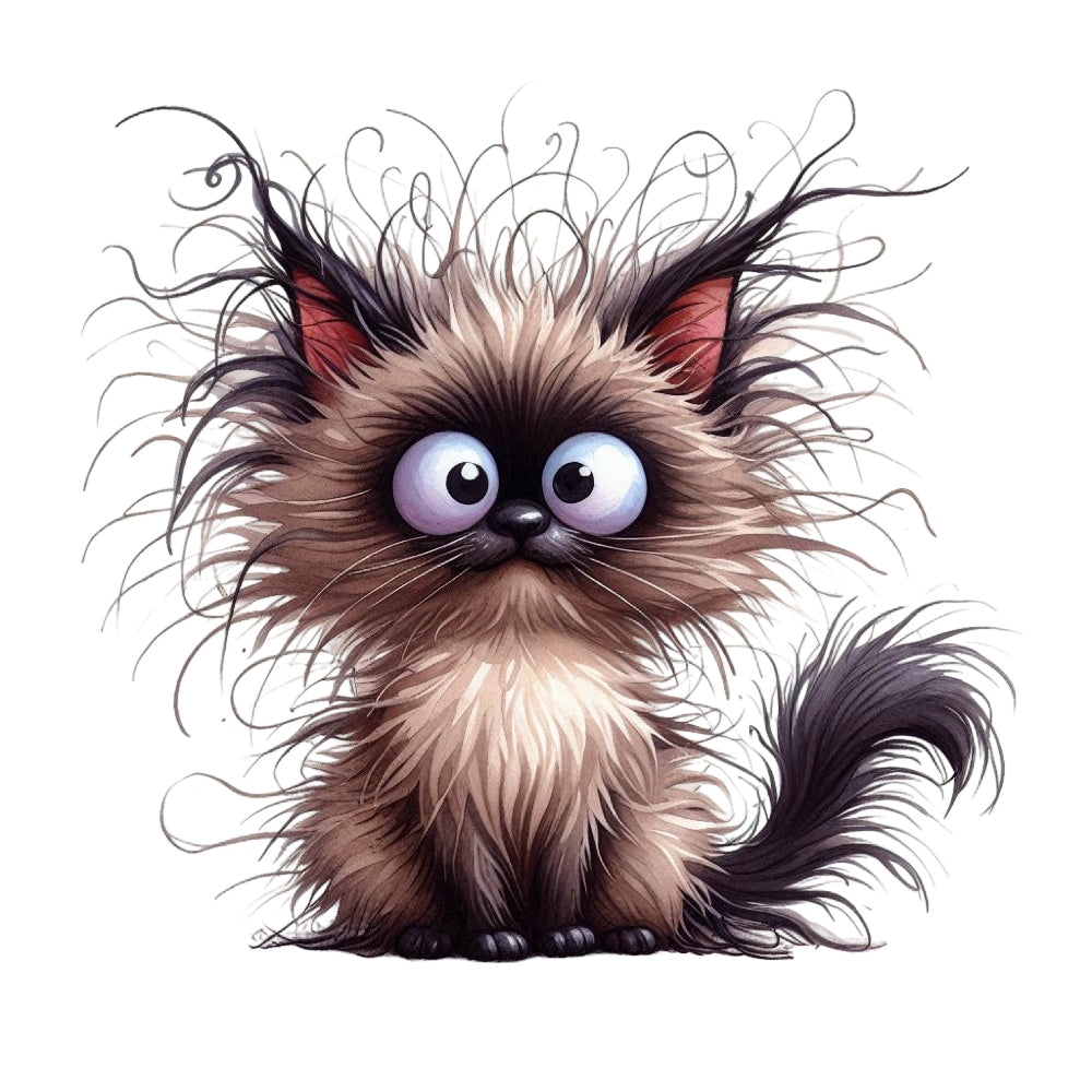 Quirky Crazy Cats Fabric Panel 10 features a whimsical, wide-eyed fluffy cat with wild fur and expressive eyes.
