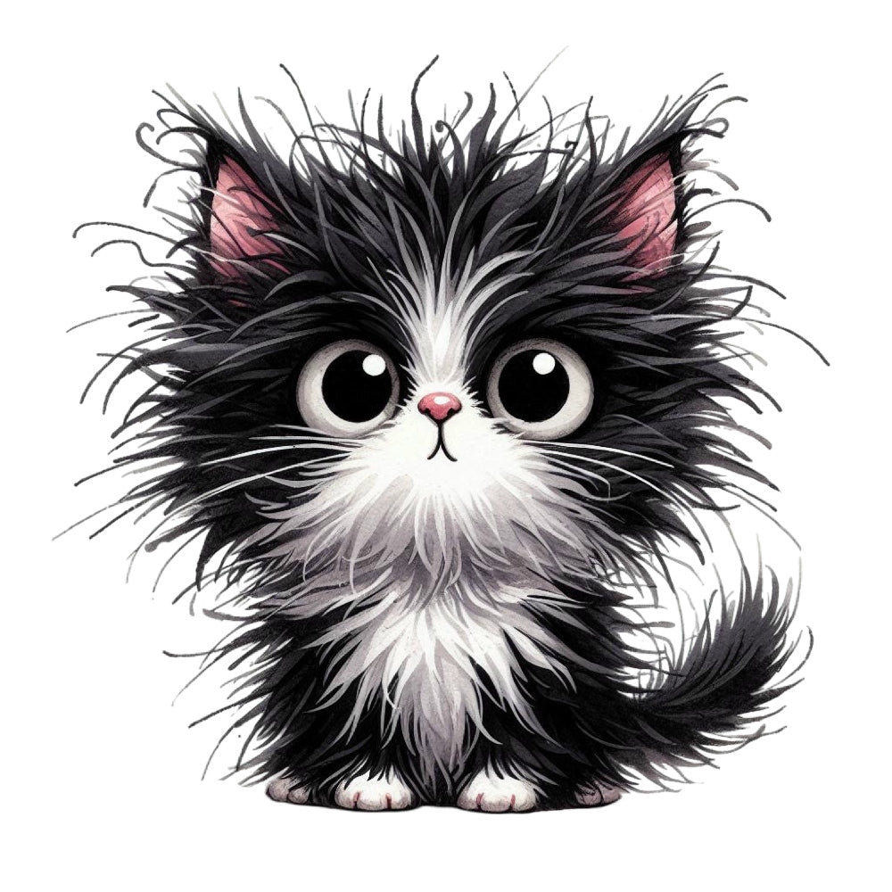 Quirky Crazy Cats Fabric Panel 13 featuring a cute black and white fluffy kitten with big eyes on premium quilting cotton fabric.