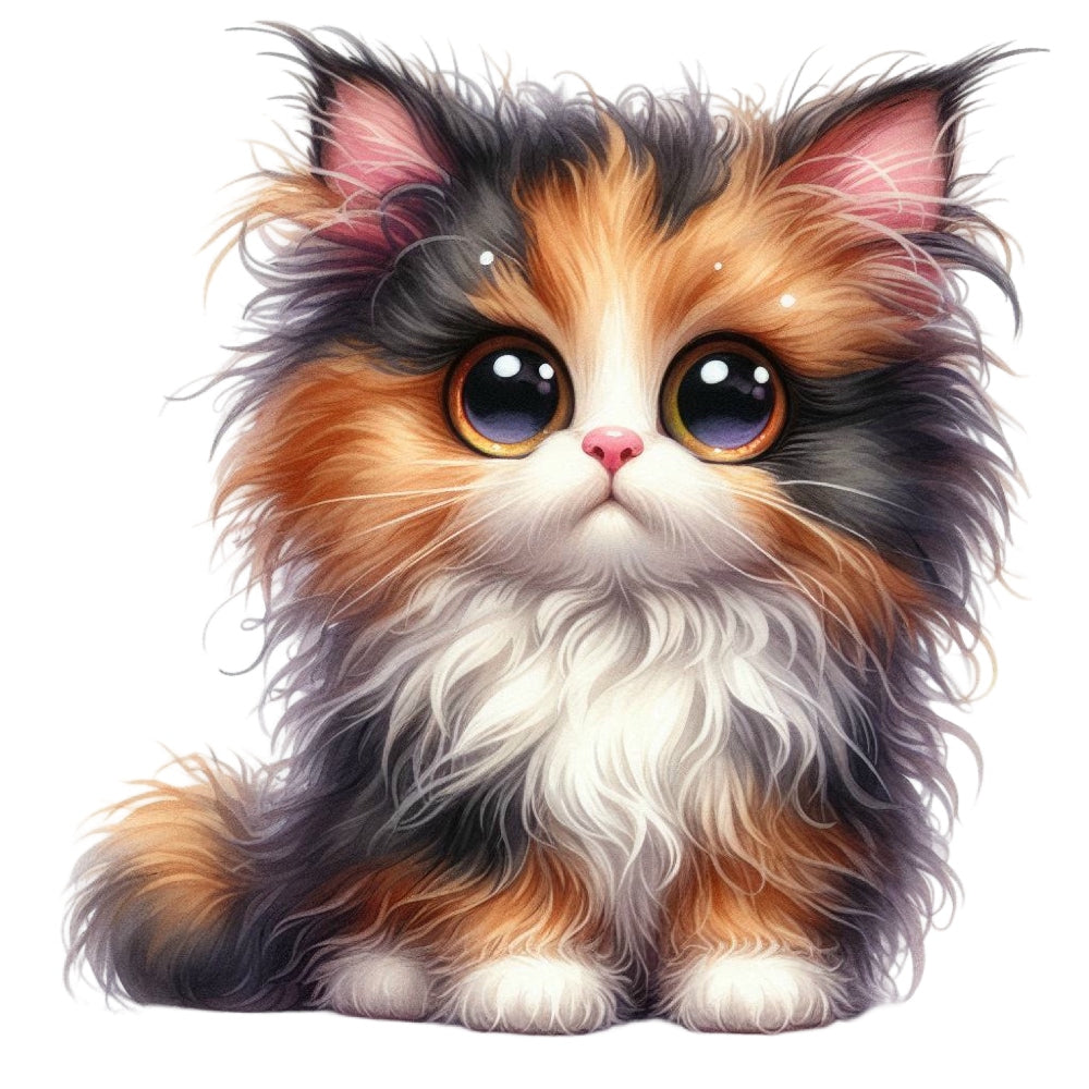 Quirky Crazy Cats Fabric Panel 17 features a fluffy, wide-eyed calico kitten with detailed fur in vibrant colors on premium quilting cotton.