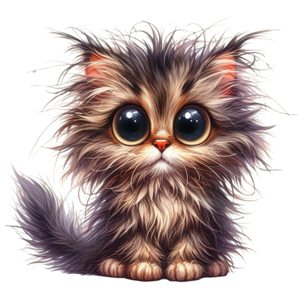 Quirky Crazy Cats Fabric Panel 18 features a detailed, whimsical illustration of a fluffy kitten with large expressive eyes.