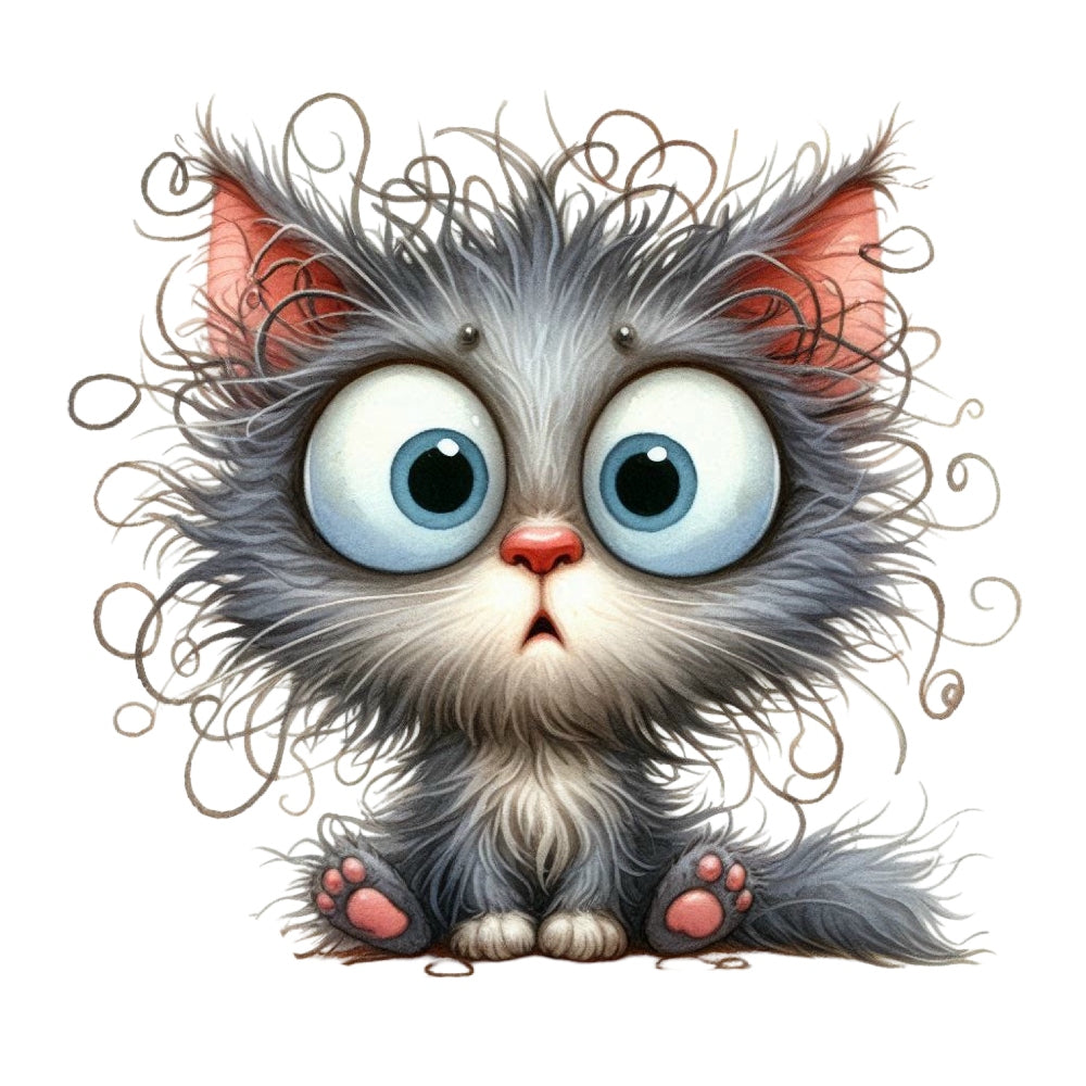 Quirky Crazy Cats Fabric Panel 19 featuring an adorable wide-eyed, fluffy gray cat with curly fur on premium quilting cotton.