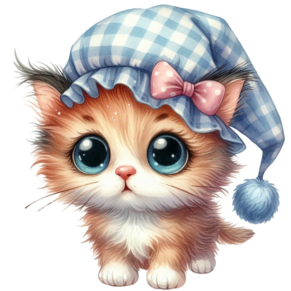 Quirky Crazy Cats Fabric Panel 20 featuring an adorable kitten with big blue eyes wearing a blue checkered nightcap with a pink bow.