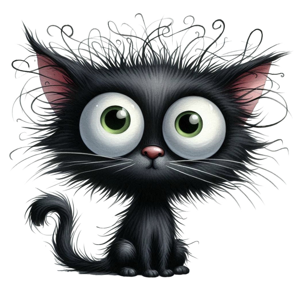 Quirky Crazy Cats Fabric Panel 27 features a whimsical black cat with large green eyes and messy fur on premium quilting cotton.