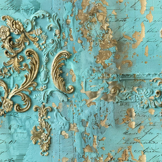 Romantic Rococo Turquoise Gold Pattern 10 Quilting Cotton Fabric