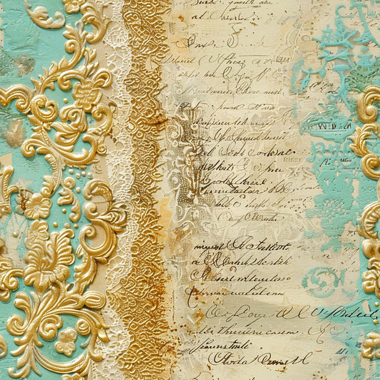 Romantic Rococo Turquoise Gold Pattern 7 Quilting Cotton Fabric