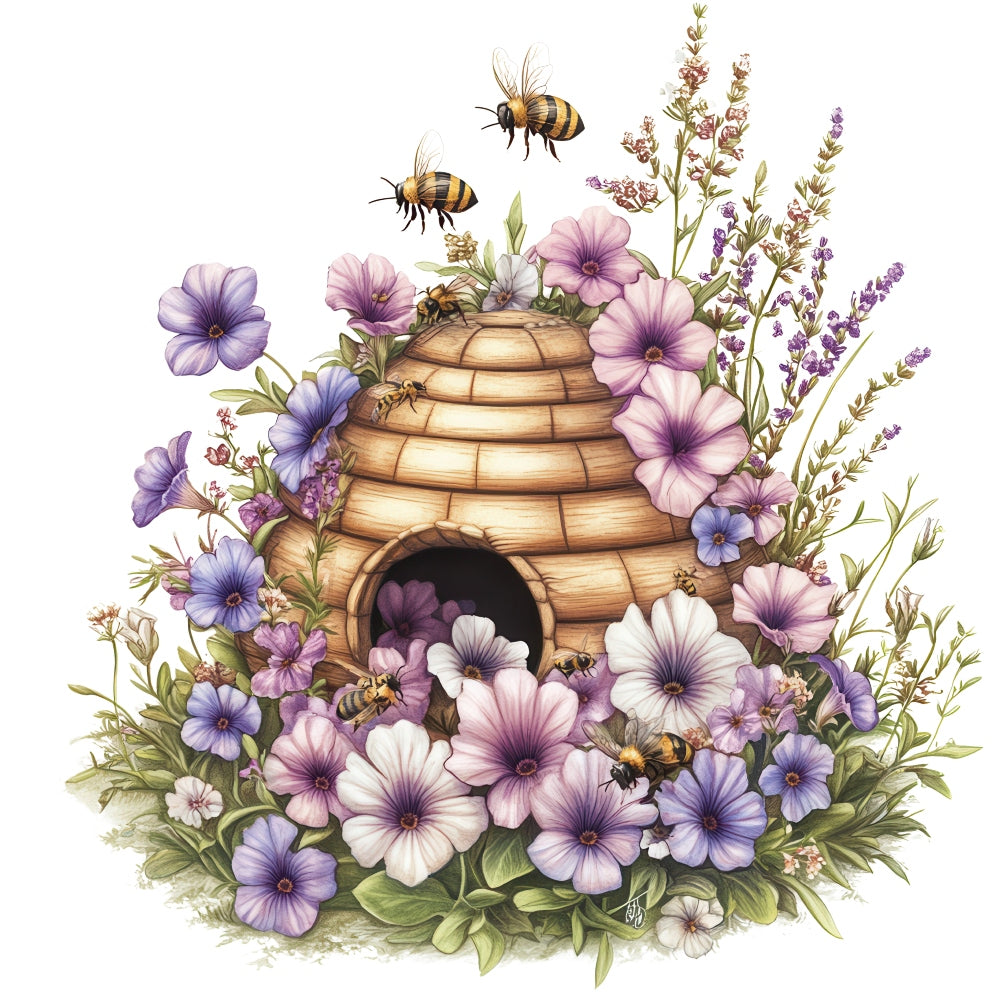 Rustic Beehive with Flowers Fabric Panel 11 featuring a detailed beehive surrounded by purple and pink flowers with bees flying and resting on the petals.