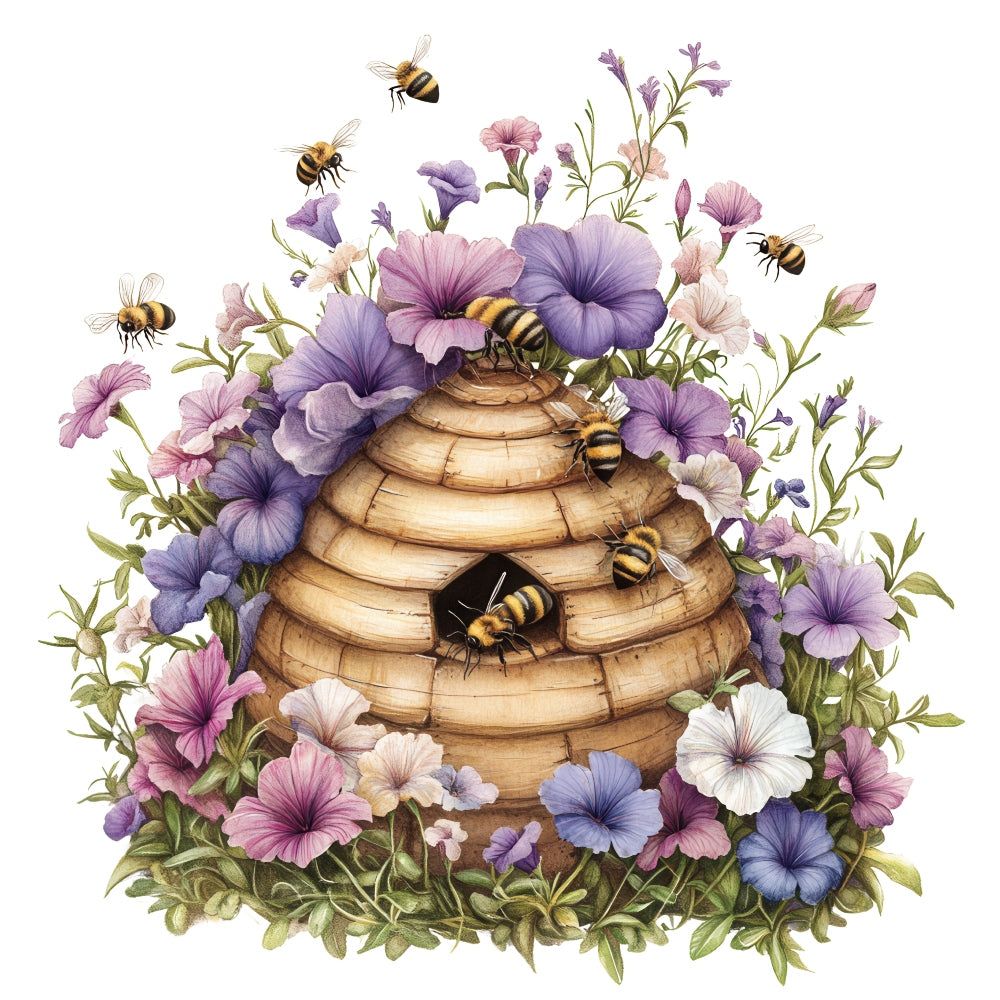 Rustic Beehive with Flowers Fabric Panel 13 featuring a detailed beehive surrounded by colorful purple and pink flowers with bees.