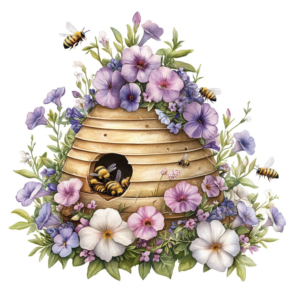 Rustic Beehive with Flowers Fabric Panel 14 featuring detailed bees, colorful purple and white flowers, and a natural beehive design.