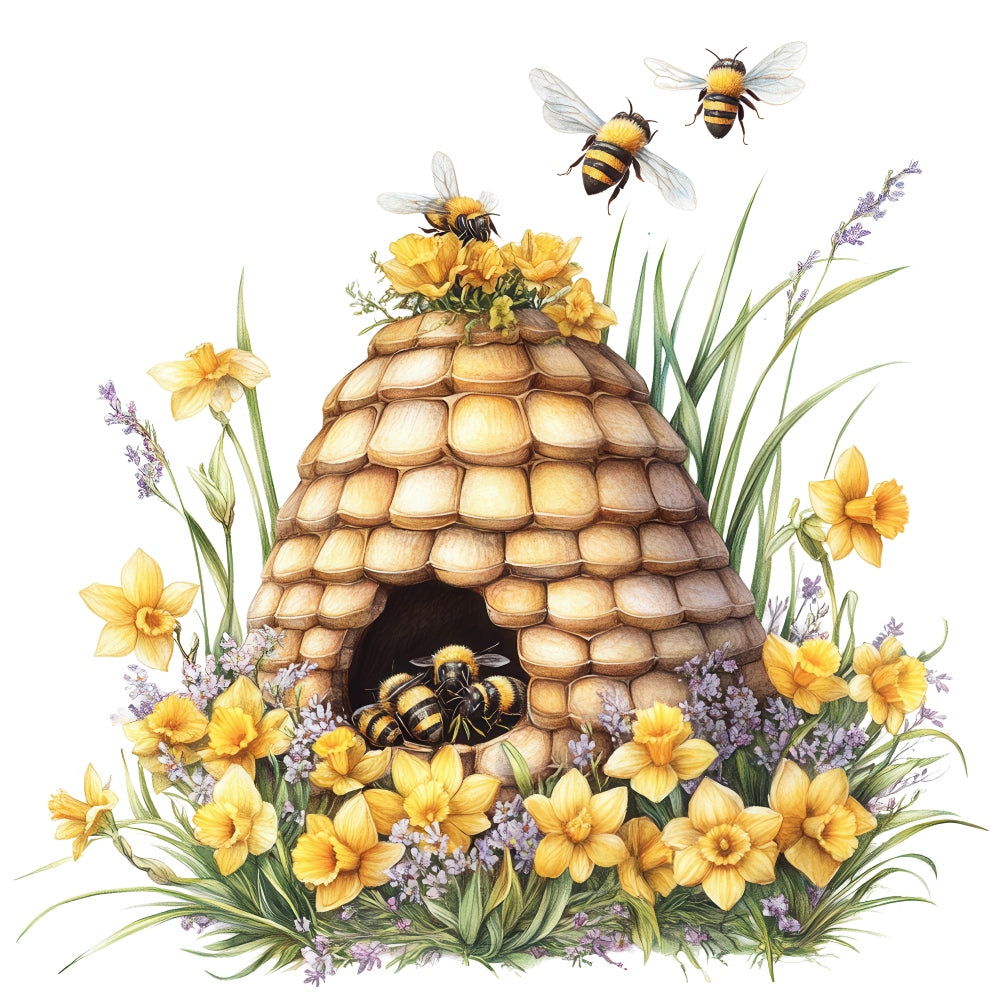 Rustic Beehive with Flowers Fabric Panel 15 featuring detailed bees, yellow daffodils, and a charming beehive on premium cotton fabric.