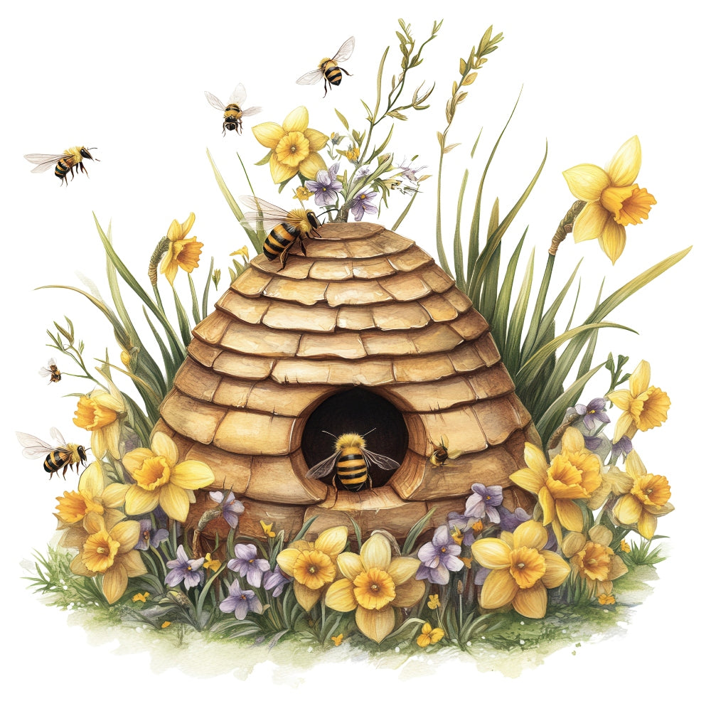 Rustic Beehive with Flowers Fabric Panel 17 featuring bees and yellow spring flowers on premium quilting cotton fabric.