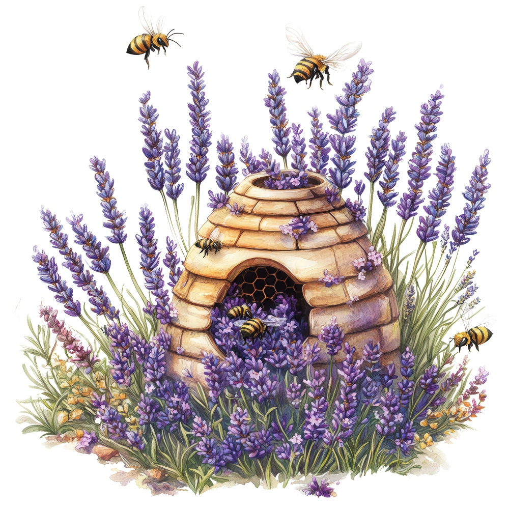 Rustic Beehive with Flowers Fabric Panel 20 features a detailed beehive surrounded by purple lavender flowers and bees.