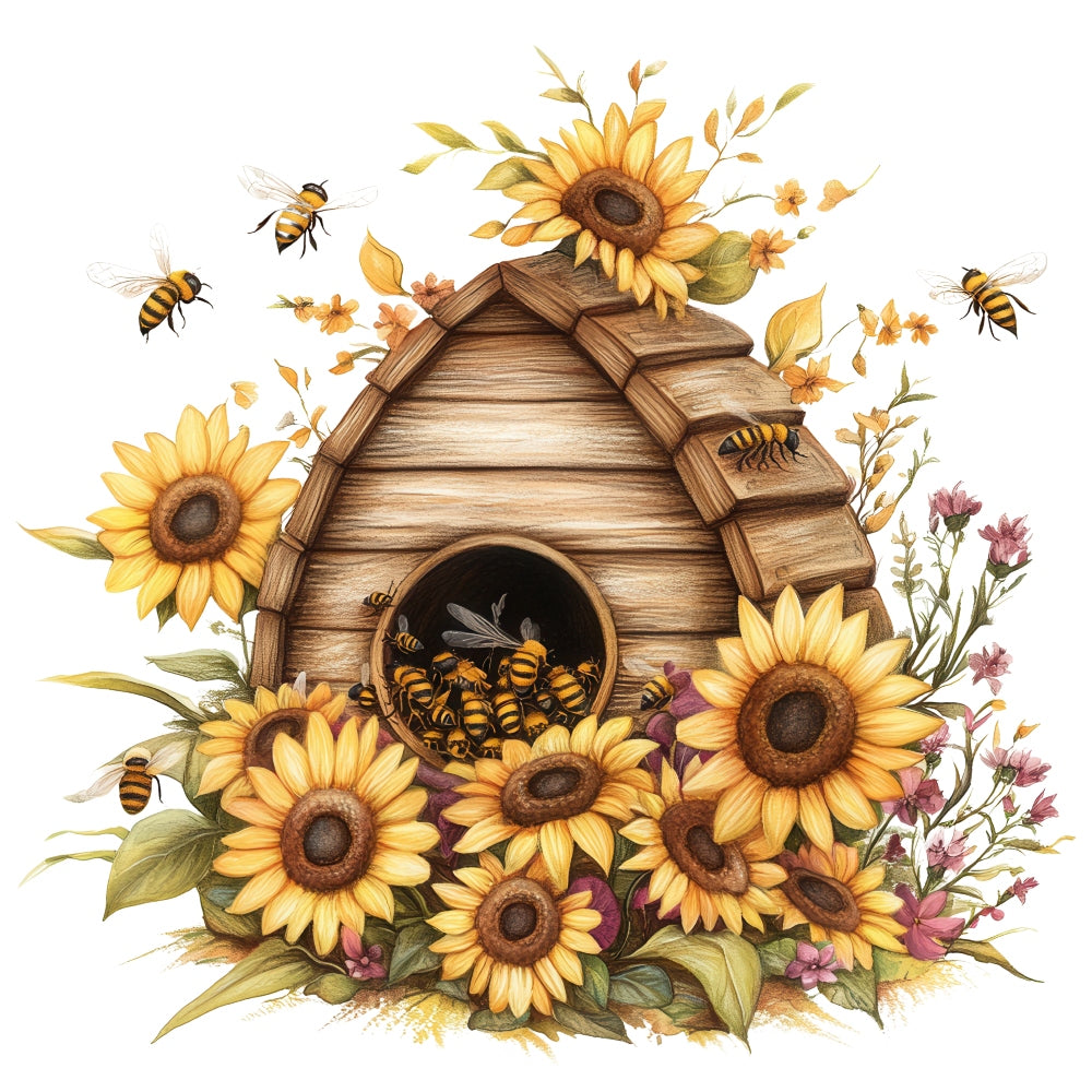Rustic Beehive with Flowers Fabric Panel 30 featuring a wooden beehive surrounded by sunflowers and bees in a detailed design