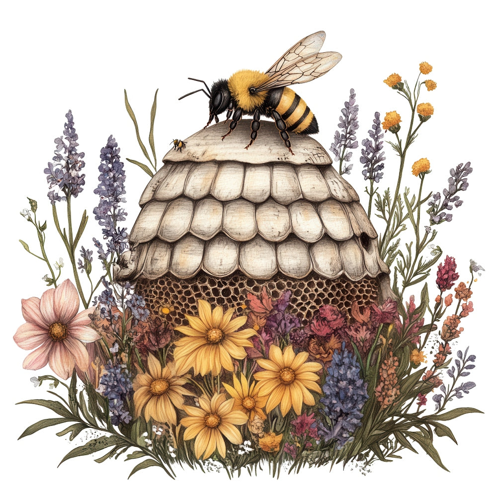 Rustic Beehive with Flowers Fabric Panel 31 featuring a detailed bee on textured hive surrounded by colorful wildflowers.
