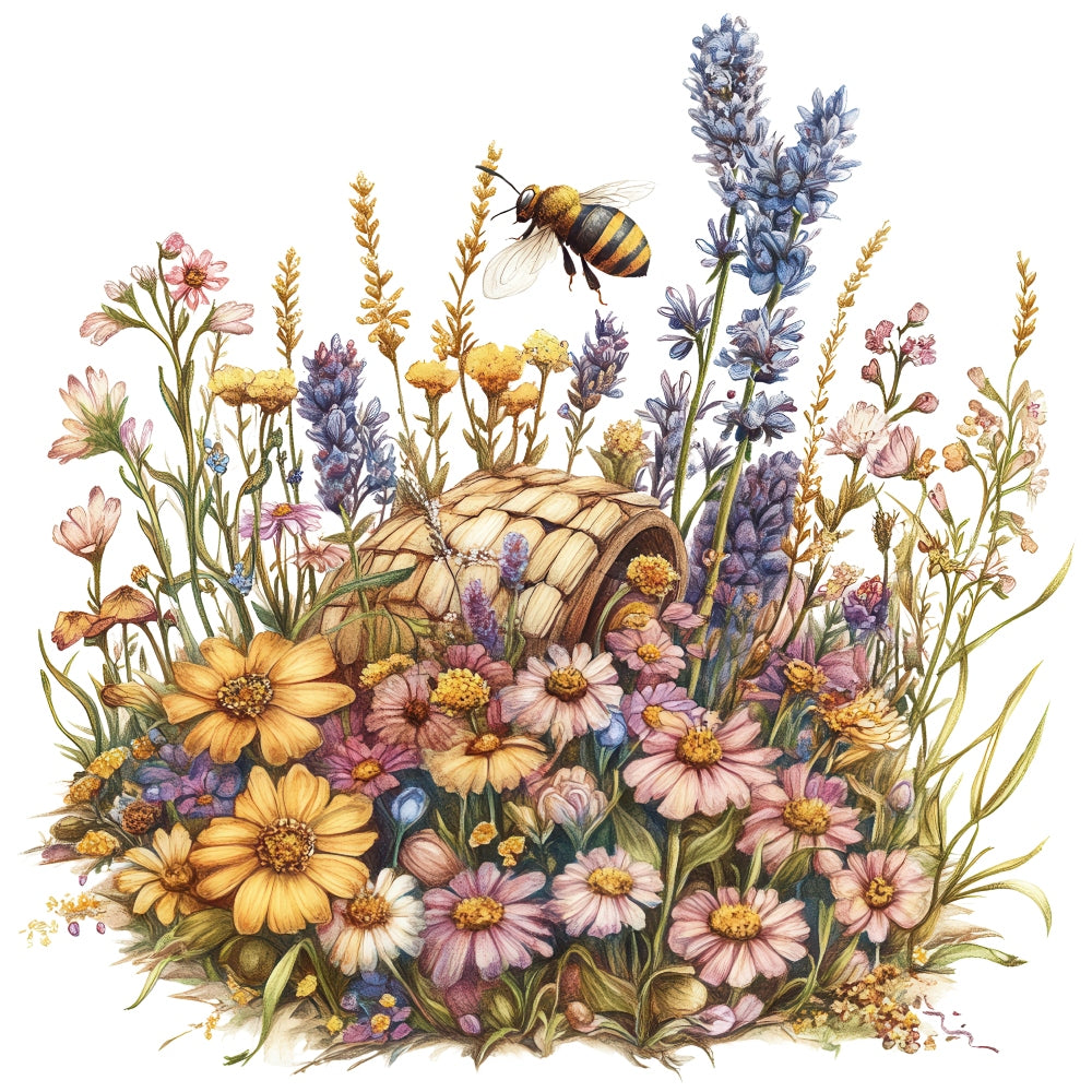 Rustic Beehive with Flowers Fabric Panel 35 featuring a detailed beehive surrounded by colorful wildflowers and a flying bee.