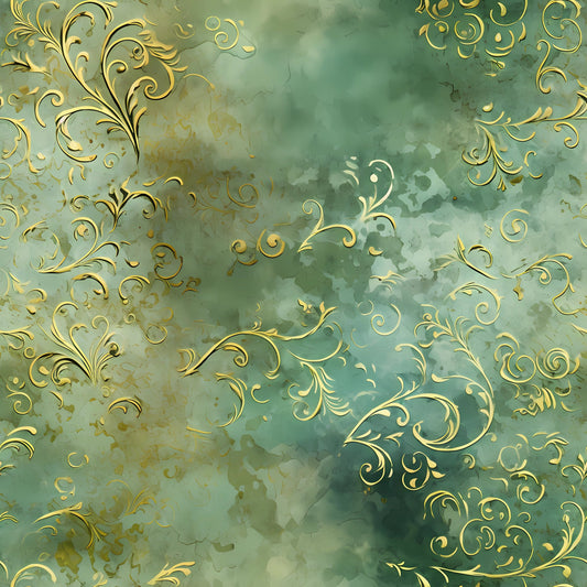 Sage Green and Gold Grunge Damask Pattern 8 Quilting Cotton Fabric