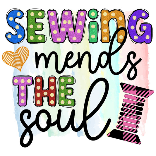 Sewing Mends Fabric Panel with colorful polka-dot letters, heart, and threaded spool on pastel watercolor background