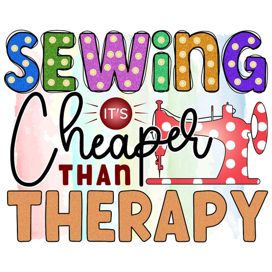 Sewing Therapy Fabric Panel featuring colorful polka dot letters and a red vintage sewing machine design.