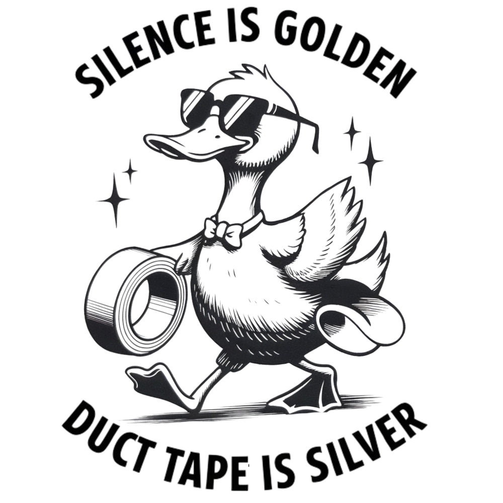 Silence Is Golden Fabric Panel featuring a cool duck with sunglasses holding duct tape in black and white design.