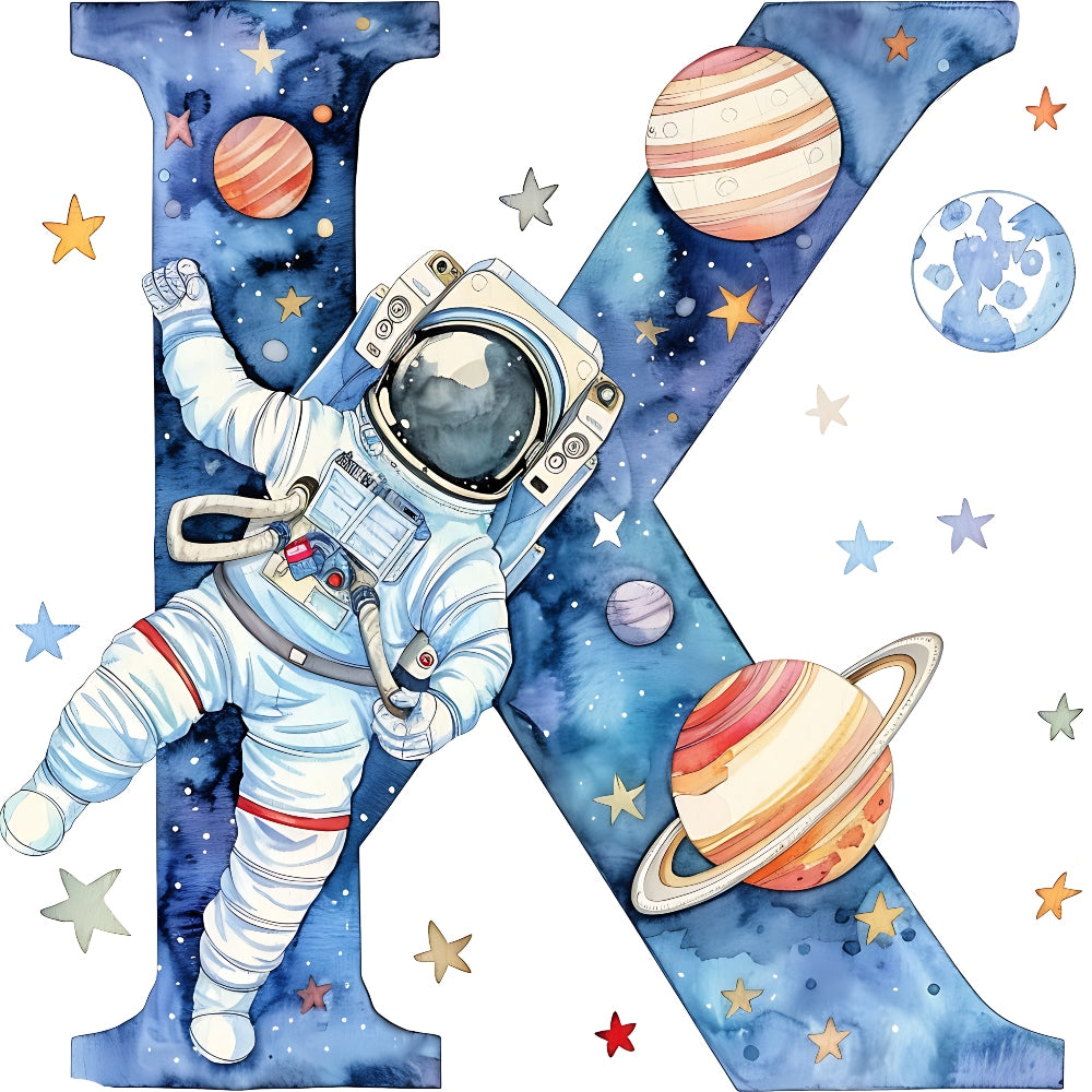 Space Alphabet Letter K Fabric Panel featuring an astronaut floating among planets and stars on premium quilting cotton
