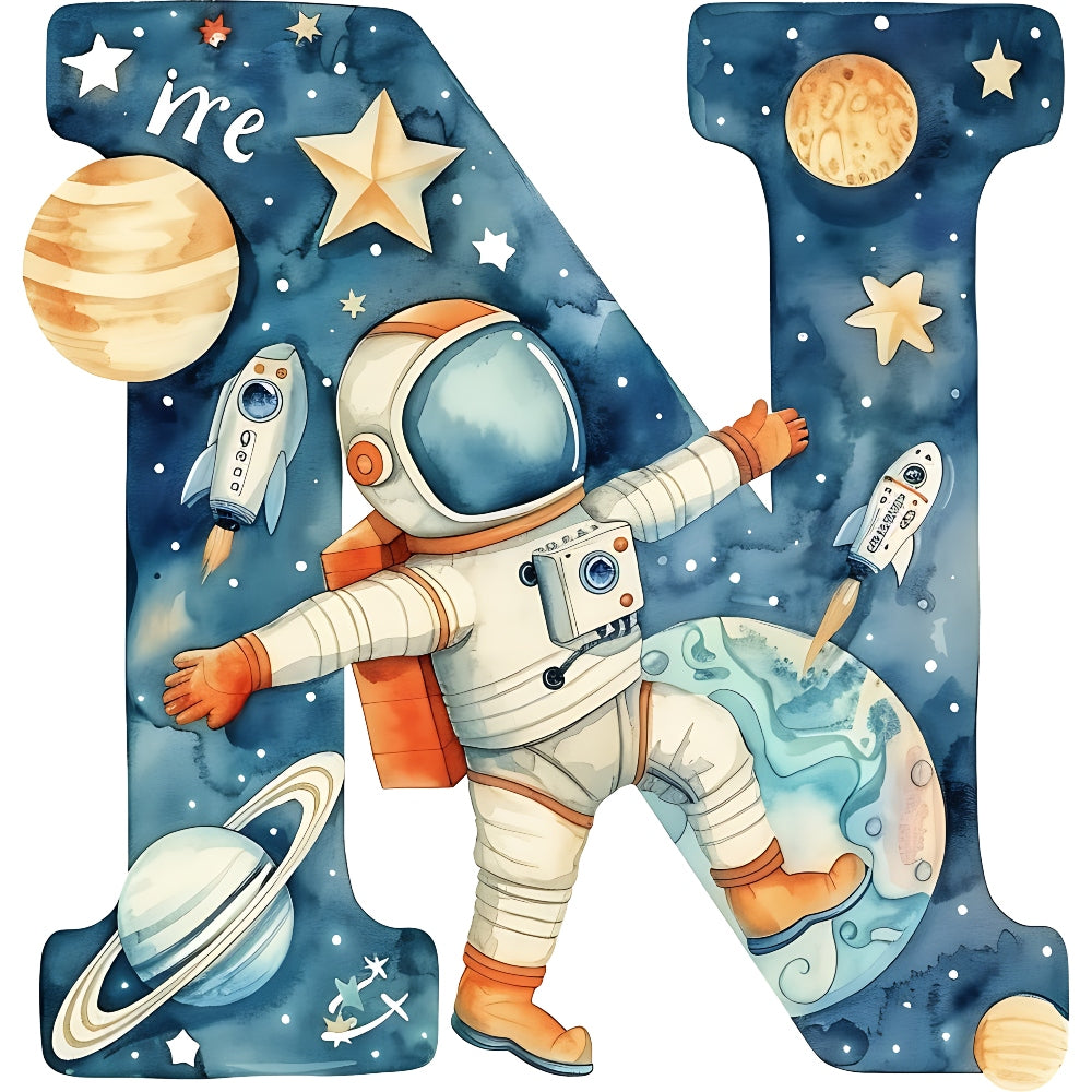 Space Alphabet Letter N Fabric Panel featuring an astronaut and planets on premium quilting cotton printed in the USA.