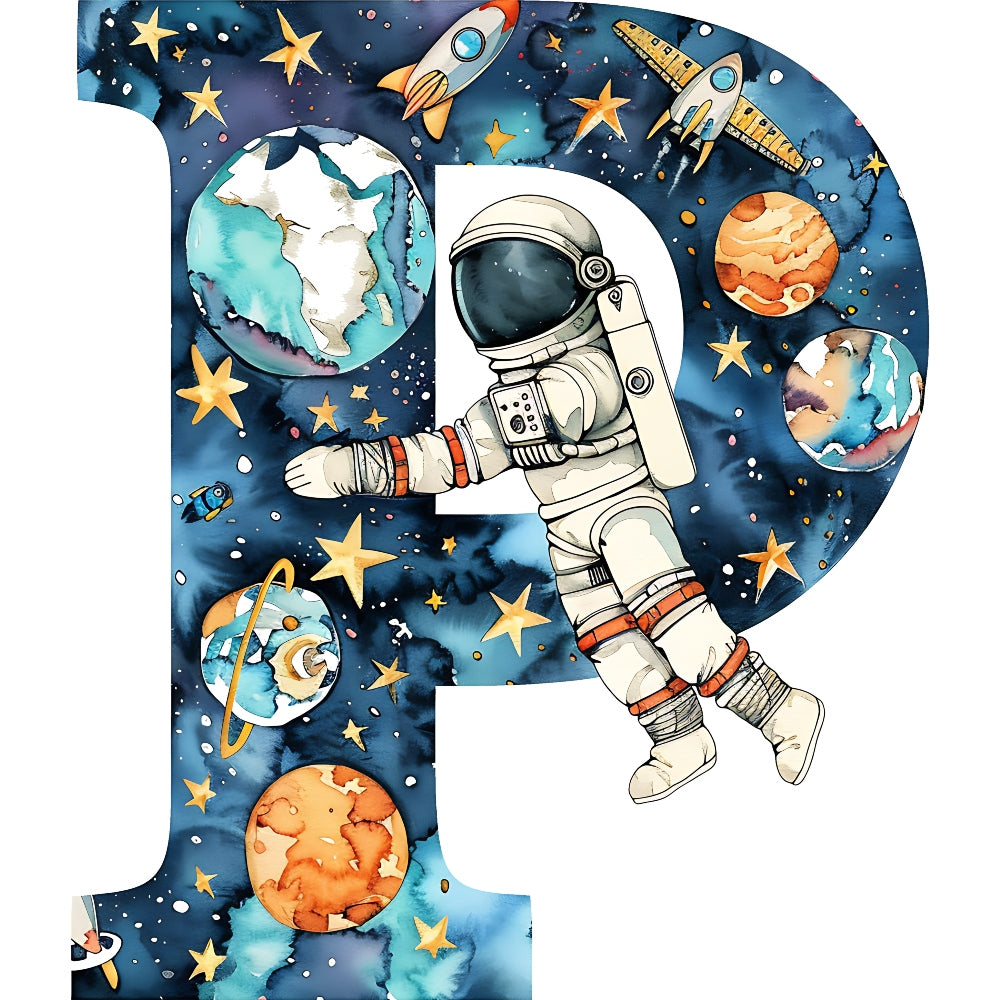 Space Alphabet Letter P Fabric Panel featuring astronaut and planets on deep blue space background printed on premium quilting cotton