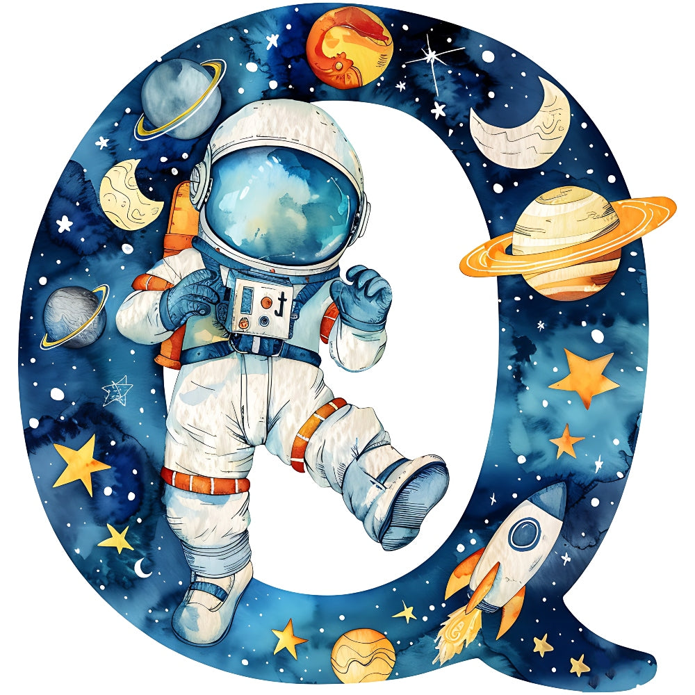 Space Alphabet Letter Q Fabric Panel featuring an astronaut and planets in a vibrant space-themed design