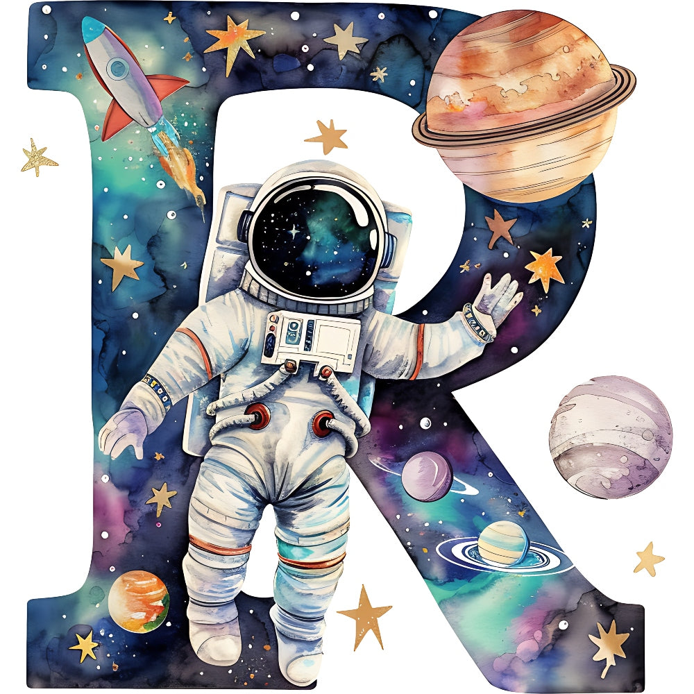 Space Alphabet Letter R Fabric Panel featuring an astronaut and planets on premium quilting cotton printed in the USA.