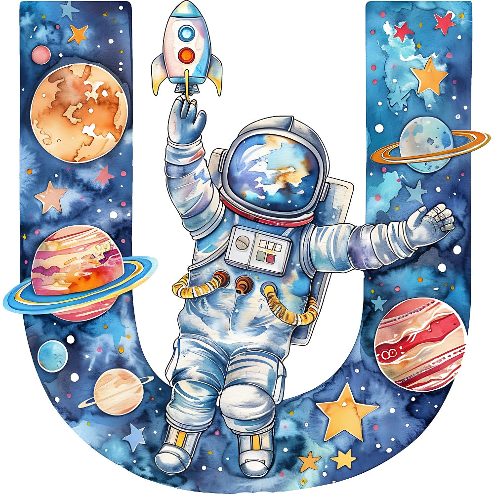 Space Alphabet Letter U Fabric Panel featuring an astronaut and planets in a vibrant space-themed design printed on premium cotton.