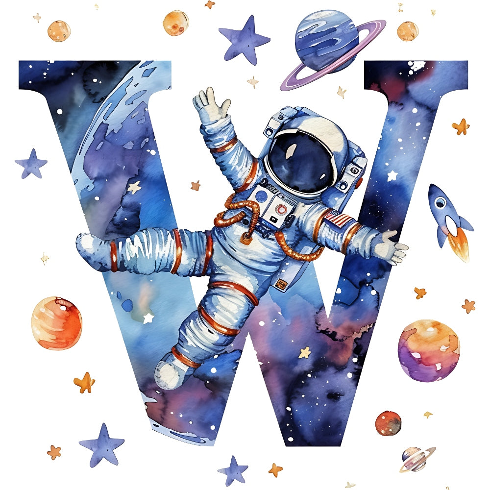 Space Alphabet Letter W Fabric Panel featuring an astronaut and planets on premium quilting cotton printed in the USA