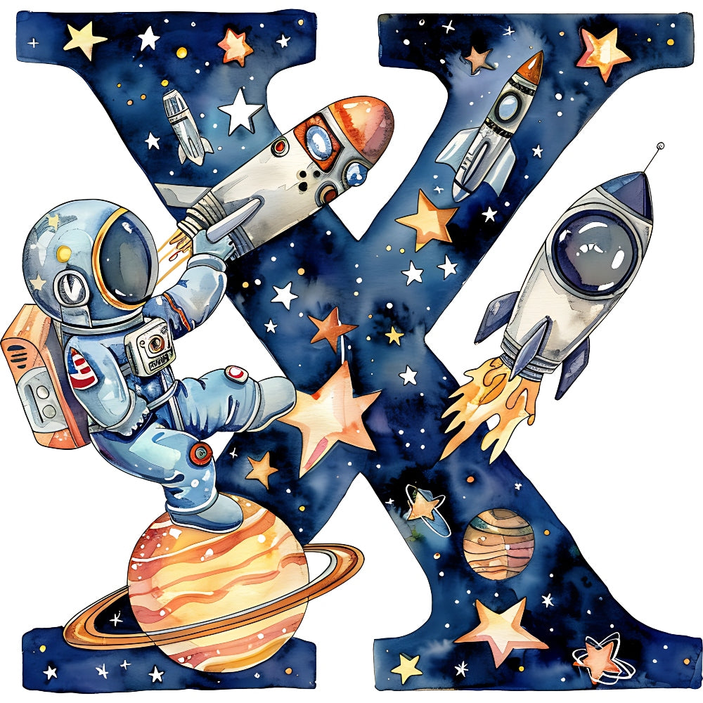 Space Alphabet Letter X Fabric Panel featuring astronaut, rockets, planets, and stars on premium quilting cotton printed in the USA.