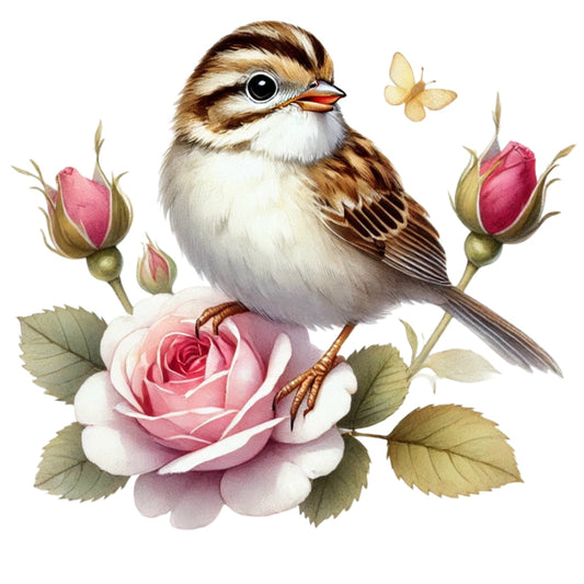 Spring Birds and Flowers Fabric Panel 1 featuring a detailed bird perched on a pink rose with buds and a butterfly, printed on premium cotton.