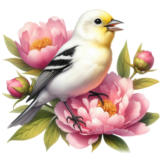 Spring Birds and Flowers Fabric Panel 11 features a detailed white and yellow bird perched on vibrant pink flowers with green leaves.