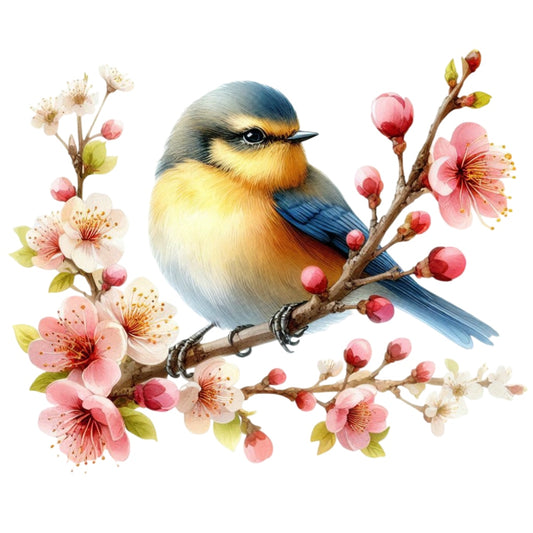 Spring Birds and Flowers Fabric Panel 14 featuring a colorful bird perched on blossoming pink and white spring flowers.