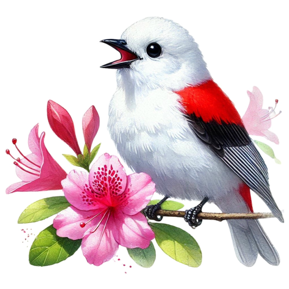 Spring Birds and Flowers Fabric Panel 15 featuring a detailed bird with red, white, and black feathers perched on a branch with pink flowers.