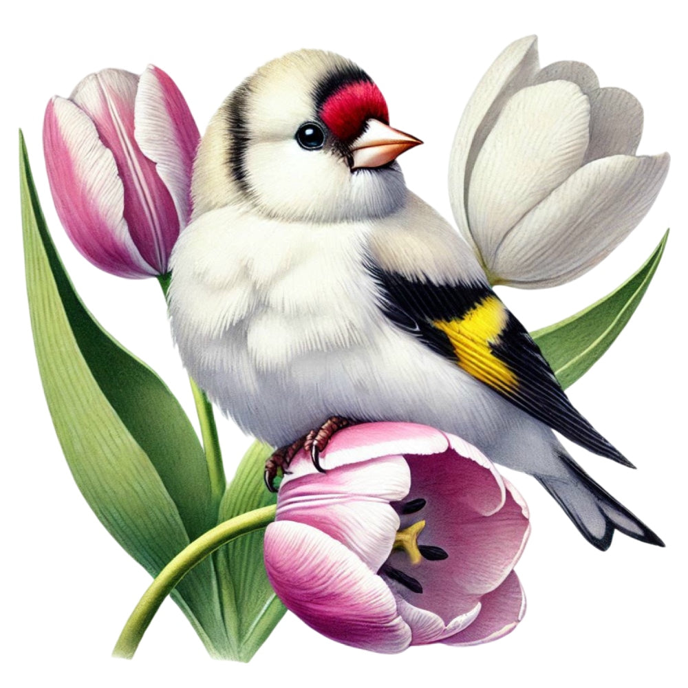 Spring Birds and Flowers Fabric Panel 16 featuring a detailed bird perched on pink and white tulips, printed on premium quilting cotton.