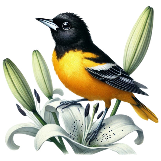 Spring Birds and Flowers Fabric Panel 17 featuring a vibrant orange and black bird perched on white lilies, printed on premium quilting cotton.