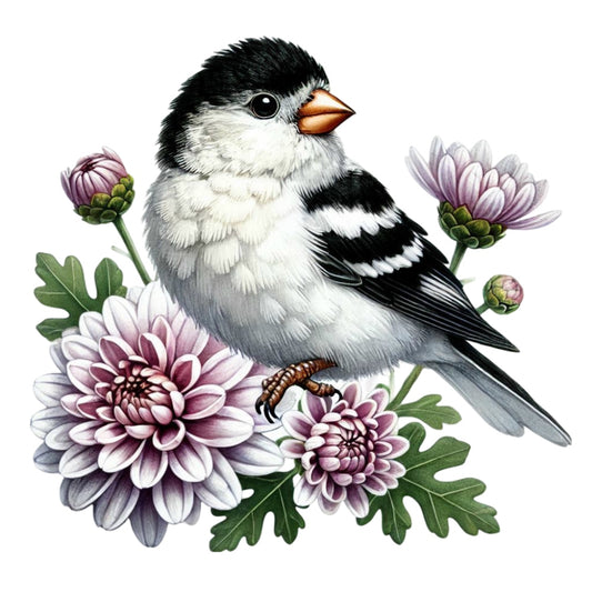 Spring Birds and Flowers Fabric Panel 2 featuring a detailed black and white bird perched among soft pink and purple flowers on premium cotton.