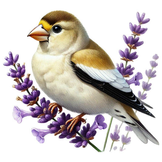 Spring Birds and Flowers Fabric Panel 20 featuring a detailed bird perched on lavender flowers, printed on premium quilting cotton.