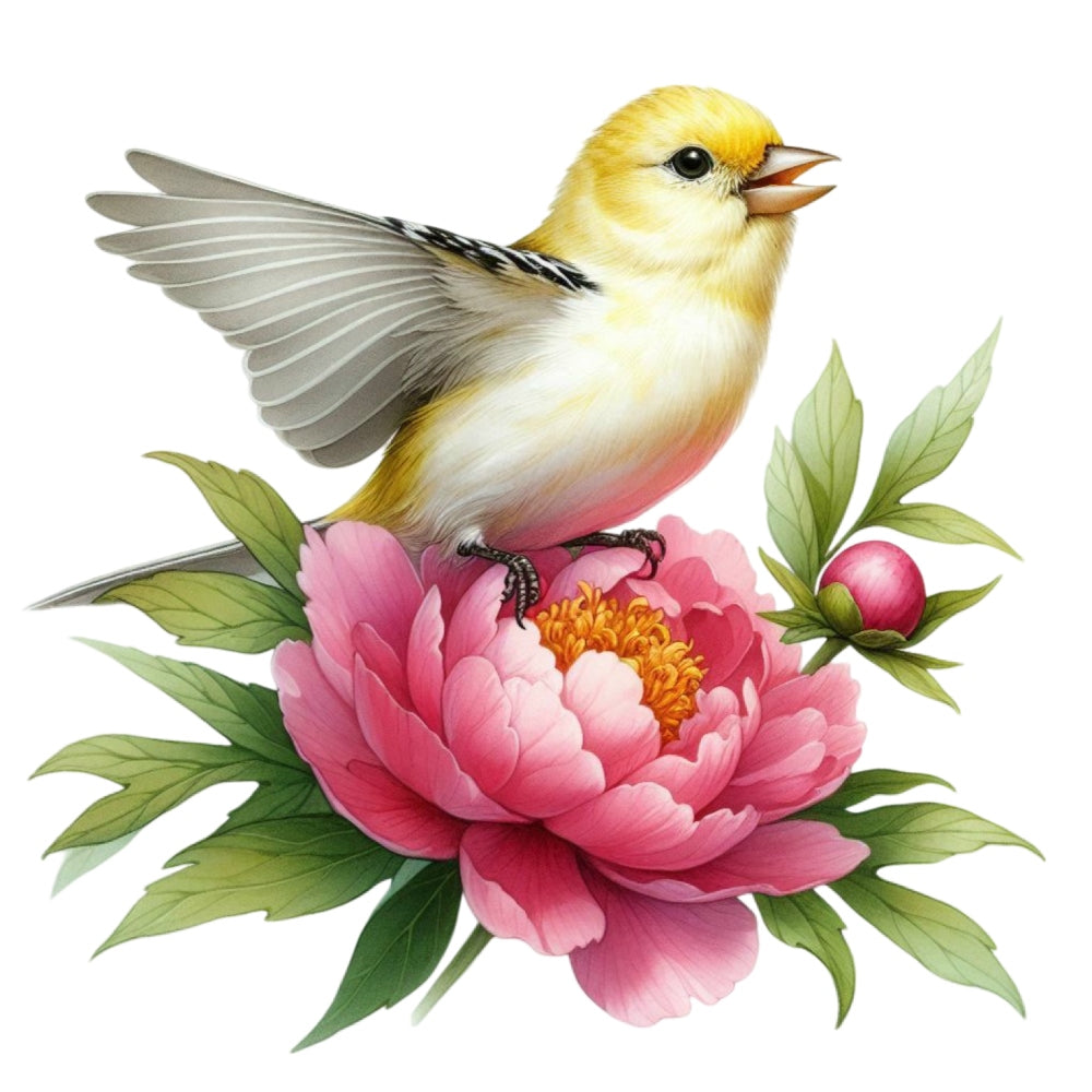Spring Birds and Flowers Fabric Panel 3 featuring a yellow bird perched on a vibrant pink flower with green leaves.