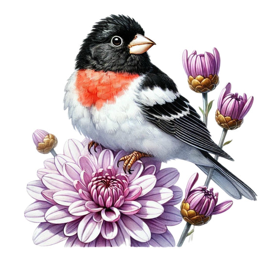 Spring Birds and Flowers Fabric Panel 4 featuring a detailed black and white bird with red chest perched on pink and purple flowers.