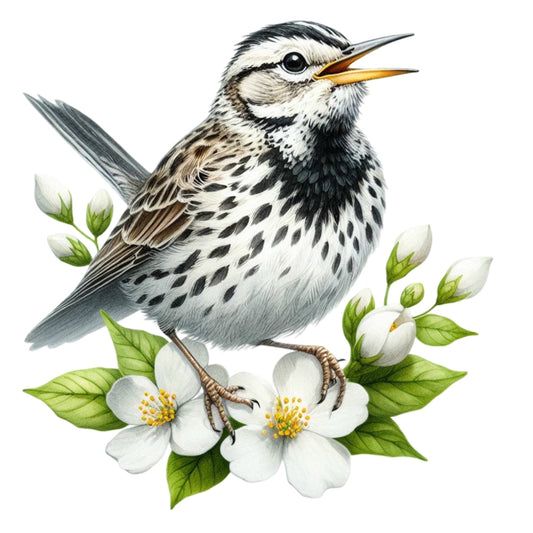 Spring Birds and Flowers Fabric Panel 5 showing a detailed bird perched on white blossoms with green leaves on premium quilting cotton.