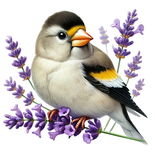 Spring Birds and Flowers Fabric Panel 6 featuring a detailed bird with yellow and black feathers perched on purple flowers.