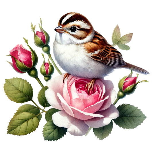 Spring Birds and Flowers Fabric Panel 7 featuring a detailed small brown bird perched on a pink rose with buds and green leaves.